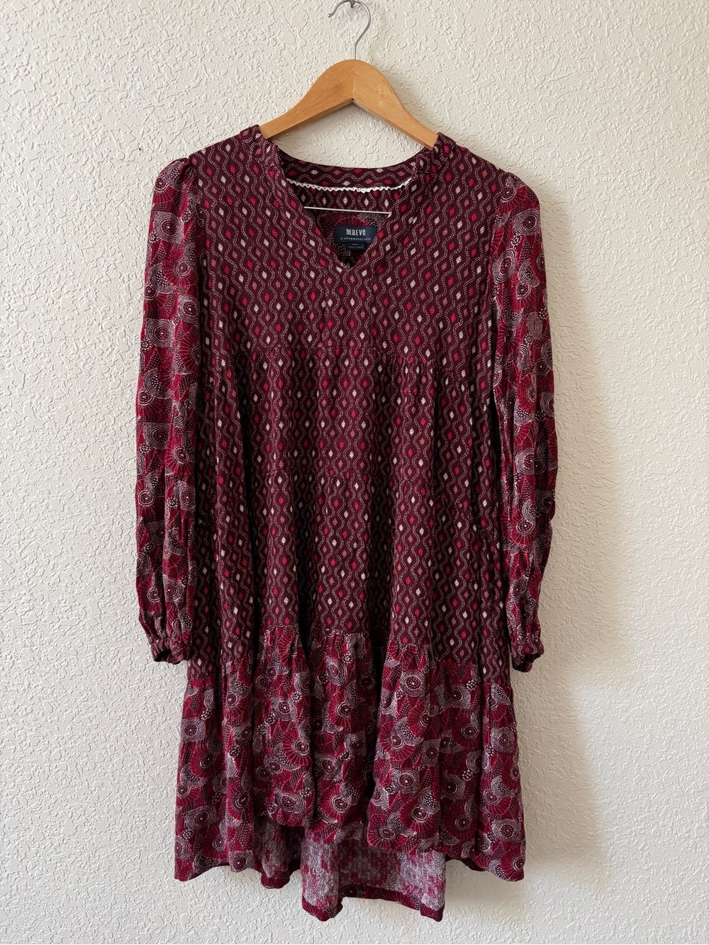 Anthropologie Burgundy Patterned Long-Sleeve Tiered Dress